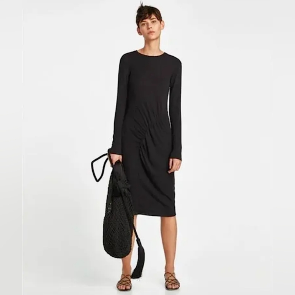 ZARA Tube Dress Gathered Detail Ribbed Knit Black Stretchy Midi - Size M